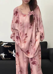 Loose Pink Print Lace Up Cotton Pajamas Two Piece Set Fall
