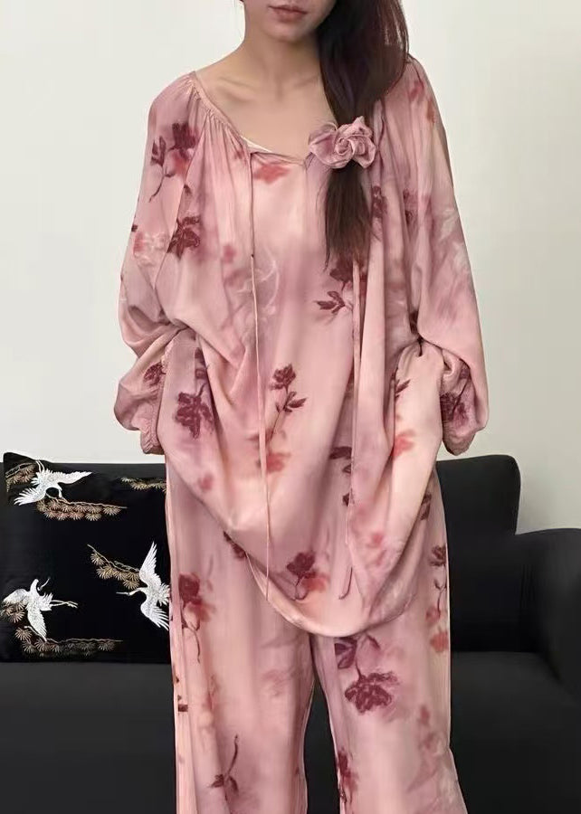 Loose Pink Print Lace Up Cotton Pajamas Two Piece Set Fall