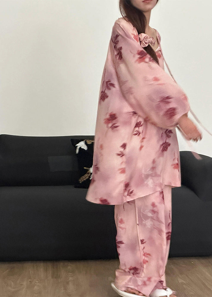 Loose Pink Print Lace Up Cotton Pajamas Two Piece Set Fall