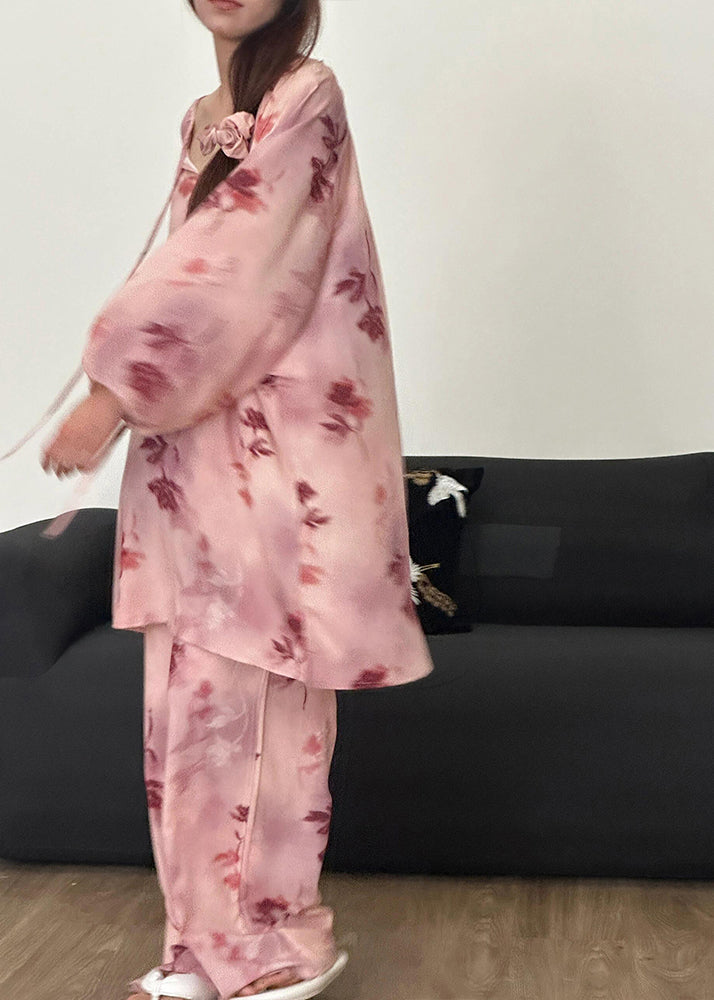 Loose Pink Print Lace Up Cotton Pajamas Two Piece Set Fall