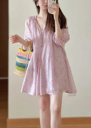 Loose Pink Print Lace Up Cotton Shirts Dress Fall