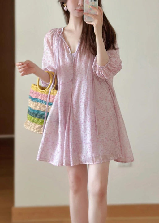 Loose Pink Print Lace Up Cotton Shirts Dress Fall