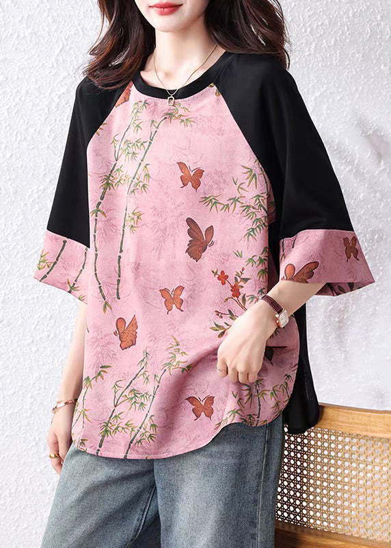 Loose Pink Print Patchwork Cotton T Shirt Bracelet Sleeve