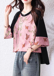 Loose Pink Print Patchwork Cotton T Shirt Bracelet Sleeve