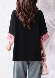 Loose Pink Print Patchwork Cotton T Shirt Bracelet Sleeve