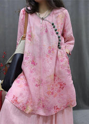 Loose Pink Print Side Open Linen Blouse Half Sleeve