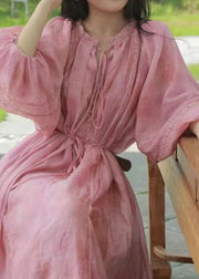 Loose Pink Ruffled Lace Up Cotton Long Dress Lantern Sleeve