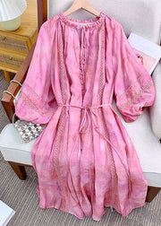 Loose Pink Ruffled Lace Up Cotton Long Dress Lantern Sleeve