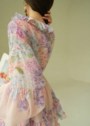 Loose Pink Ruffled Print Shirts And Skirts Cotton Two Piece Set Puff Sleeve