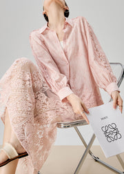 Loose Pink Striped Lace Patchwork Cotton Two Pieces Set Fall