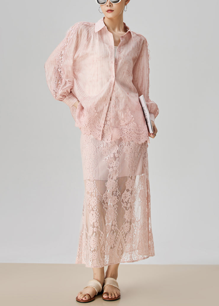 Loose Pink Striped Lace Patchwork Cotton Two Pieces Set Fall