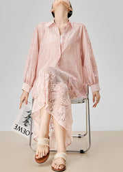 Loose Pink Striped Lace Patchwork Cotton Two Pieces Set Fall