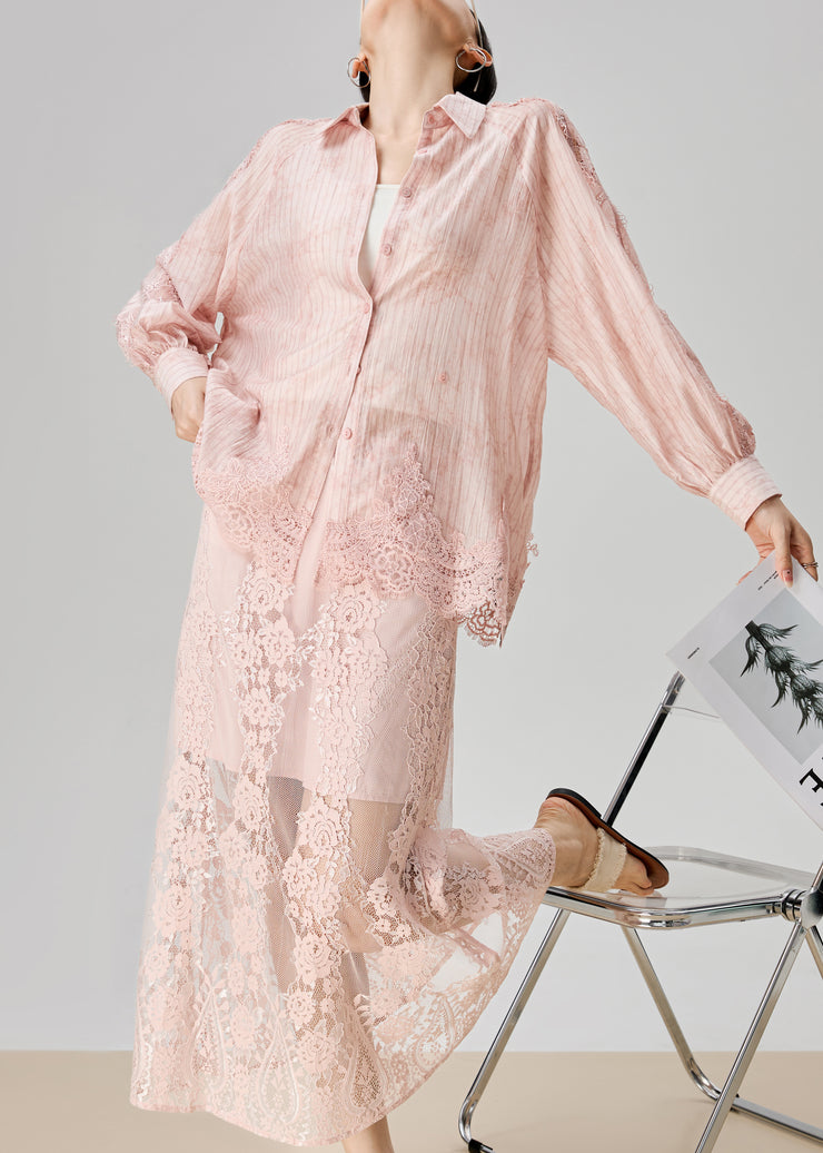 Loose Pink Striped Lace Patchwork Cotton Two Pieces Set Fall