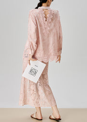 Loose Pink Striped Lace Patchwork Cotton Two Pieces Set Fall