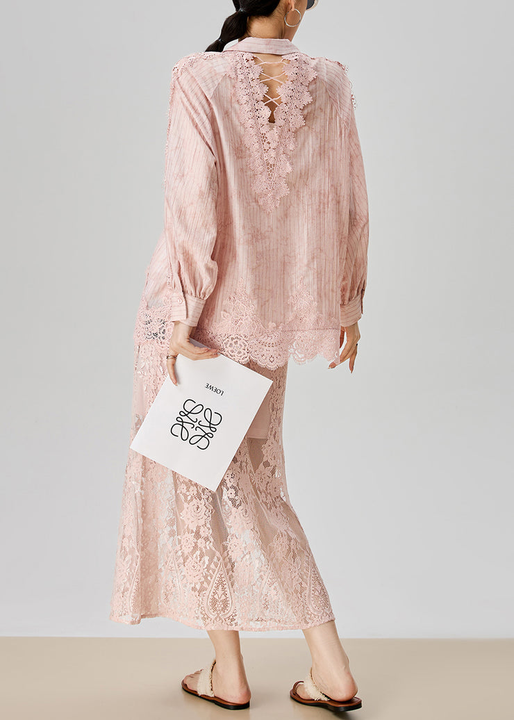 Loose Pink Striped Lace Patchwork Cotton Two Pieces Set Fall