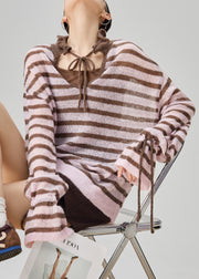 Loose Pink Striped Lace Up Thin Knit Sweater Fall