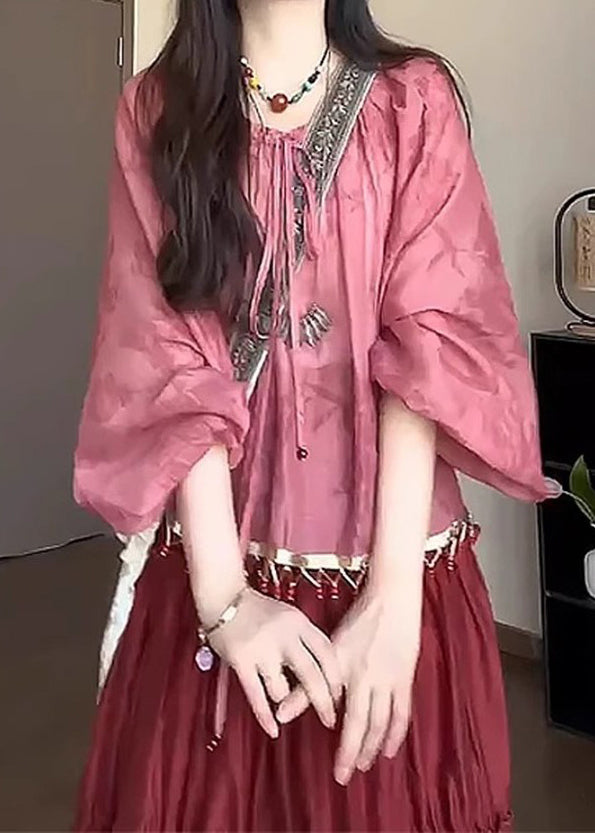 Loose Pink Tasseled Lace Up Cotton Shirt Fall