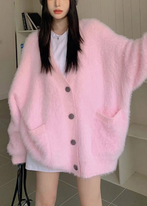Loose Pink V Neck Button Solid Knit Cardigan Fall