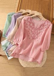 Loose Pink V Neck Embroidered Cotton Blouses Half Sleeve