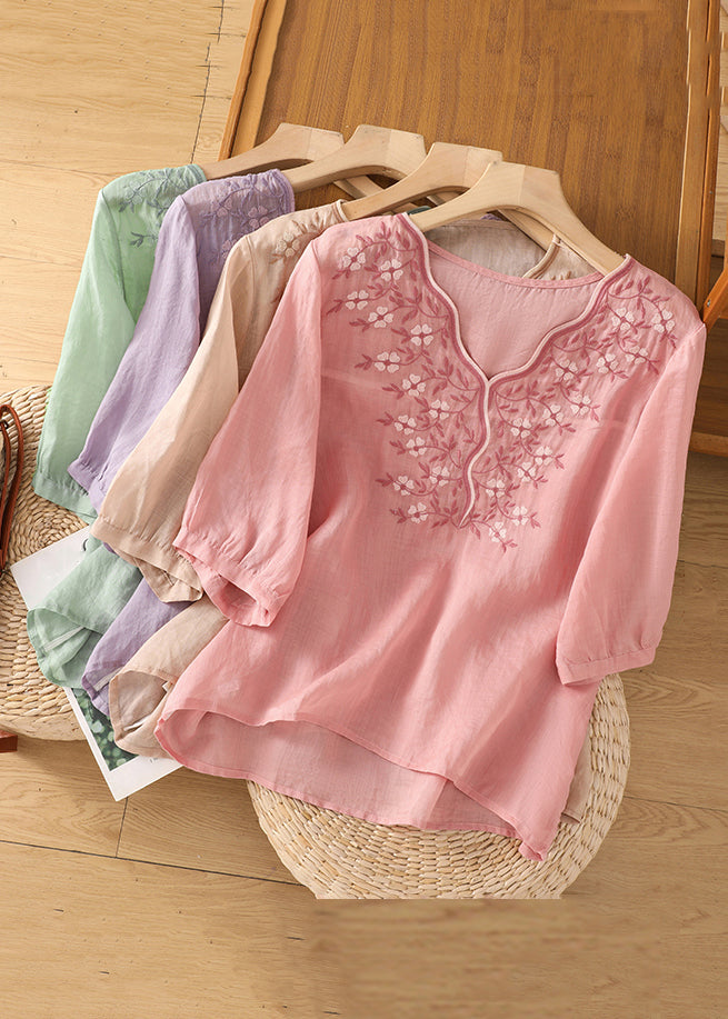Loose Pink V Neck Embroidered Cotton Blouses Half Sleeve