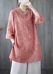 Loose Pink V Neck Embroidered Cotton Top Bracelet Sleeve