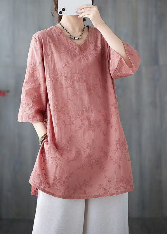 Loose Pink V Neck Embroidered Cotton Top Bracelet Sleeve