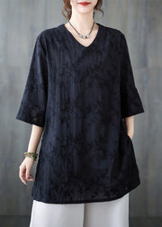 Loose Pink V Neck Embroidered Cotton Top Bracelet Sleeve