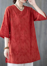 Loose Pink V Neck Embroidered Cotton Top Bracelet Sleeve