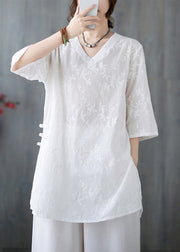 Loose Pink V Neck Embroidered Cotton Top Bracelet Sleeve