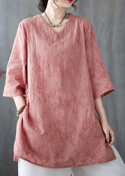 Loose Pink V Neck Embroidered Cotton Top Bracelet Sleeve