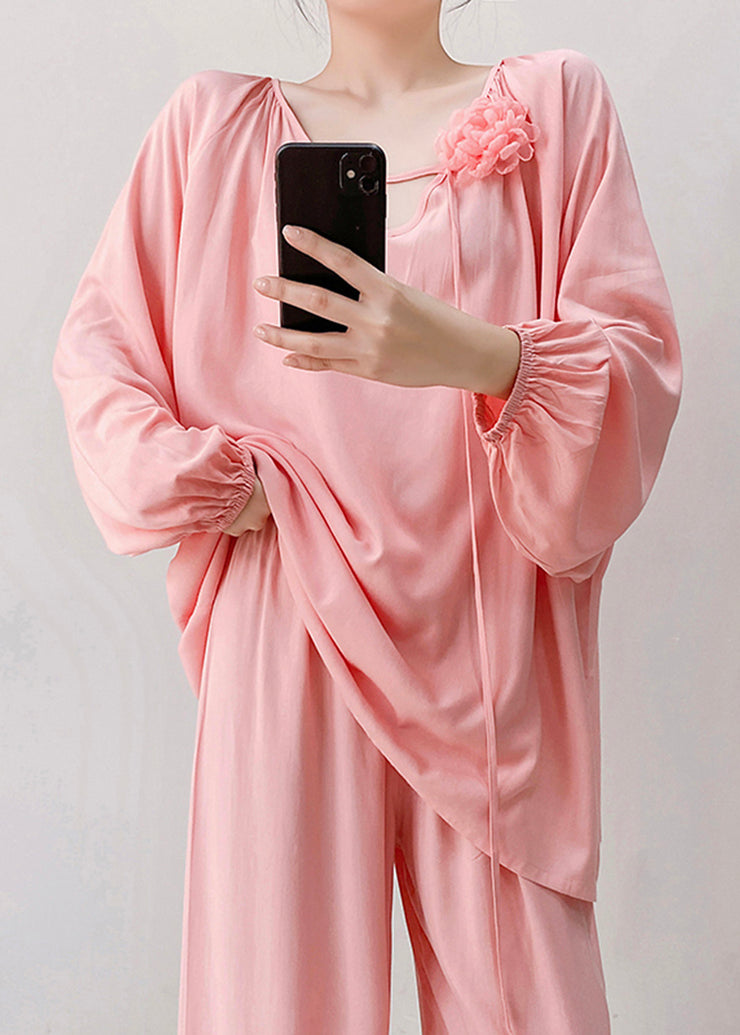 Loose Pink V Neck Floral Cotton Pajamas Two Piece Set Fall