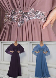Loose Pink V Neck Sequins Chiffon Maxi Dresses Half Sleeve