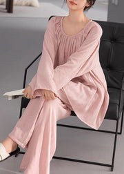 Loose Pink Wrinkled Solid Cotton Pajamas Two-Piece Set Fall