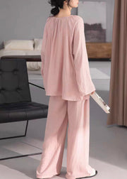 Loose Pink Wrinkled Solid Cotton Pajamas Two-Piece Set Fall