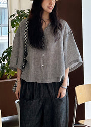 Loose Plaid Peter Pan Collar Button Cotton Shirts Bracelet Sleeve