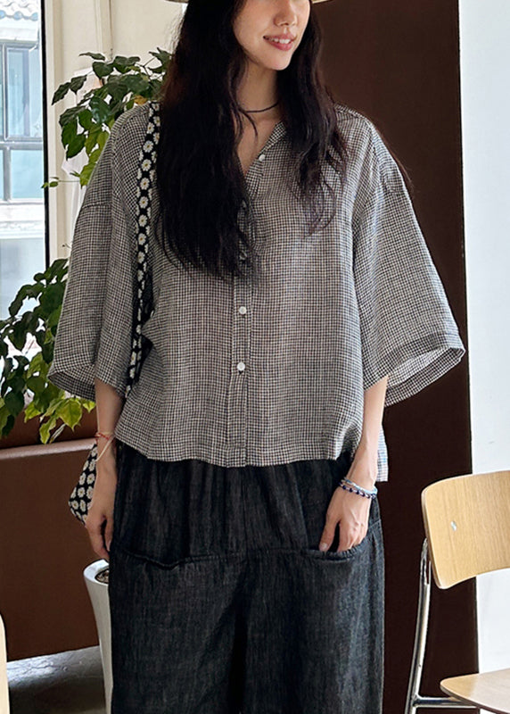 Loose Plaid Peter Pan Collar Button Cotton Shirts Bracelet Sleeve