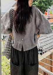 Loose Plaid Peter Pan Collar Button Cotton Shirts Bracelet Sleeve