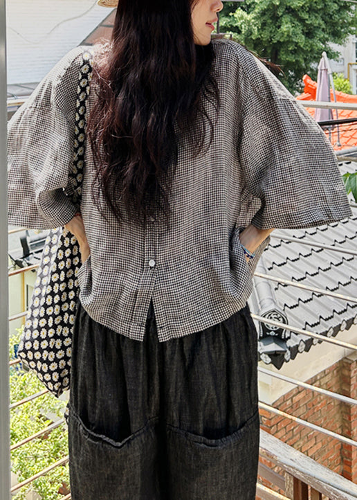 Loose Plaid Peter Pan Collar Button Cotton Shirts Bracelet Sleeve