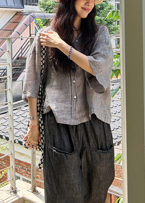 Loose Plaid Peter Pan Collar Button Cotton Shirts Bracelet Sleeve