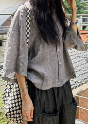 Loose Plaid Peter Pan Collar Button Cotton Shirts Bracelet Sleeve