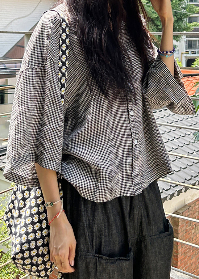 Loose Plaid Peter Pan Collar Button Cotton Shirts Bracelet Sleeve