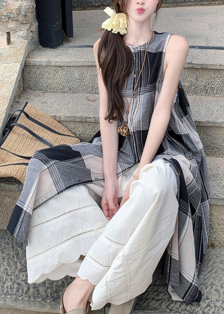 Loose Plaid Shirts Dress And White Wide Leg Pants Cotton Two Pieces Set Sleeveless