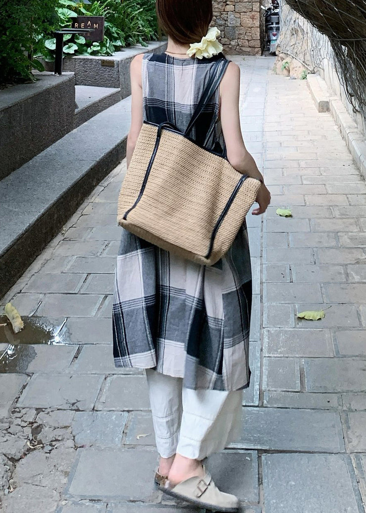 Loose Plaid Shirts Dress And White Wide Leg Pants Cotton Two Pieces Set Sleeveless