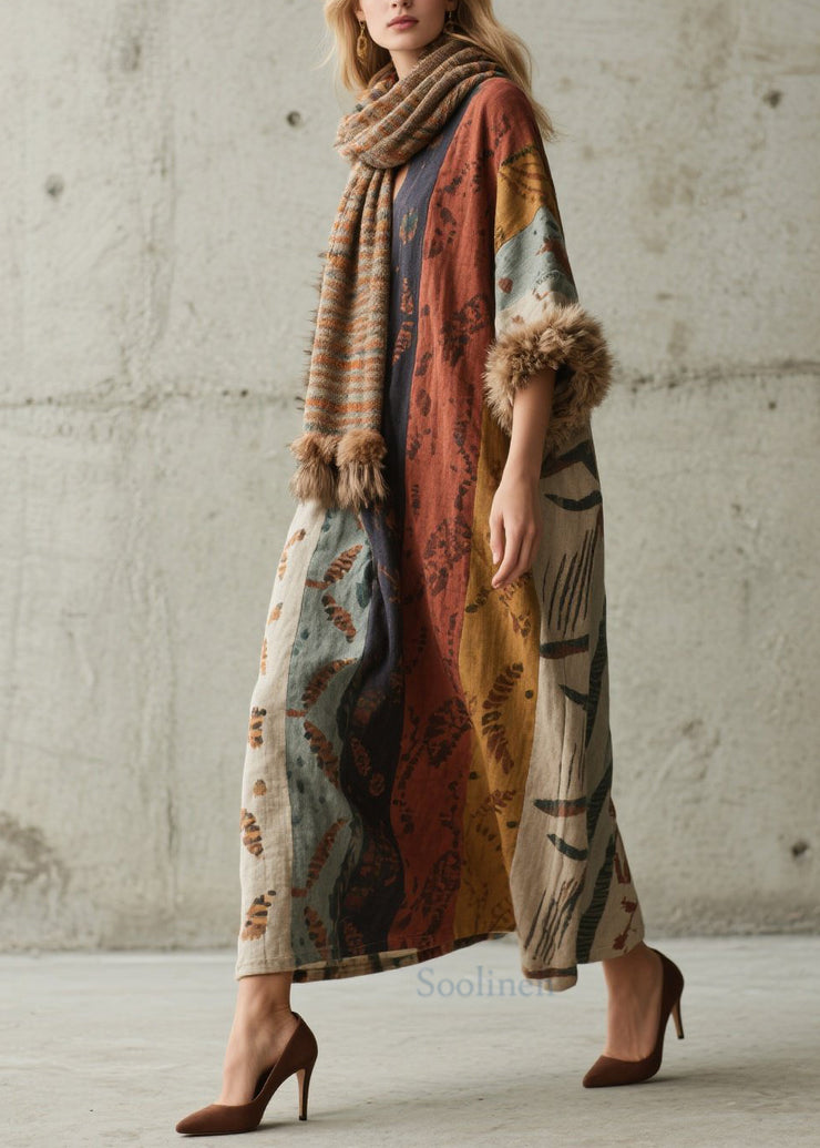Loose Print Fuzzy Fur Patchwork Cotton Long Dress Fall