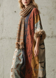 Loose Print Fuzzy Fur Patchwork Cotton Long Dress Fall
