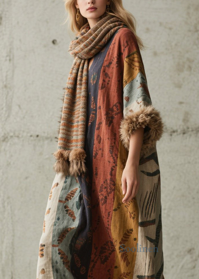 Loose Print Fuzzy Fur Patchwork Cotton Long Dress Fall