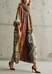 Loose Print Fuzzy Fur Patchwork Cotton Long Dress Fall