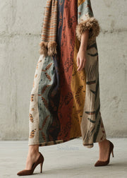 Loose Print Fuzzy Fur Patchwork Cotton Long Dress Fall