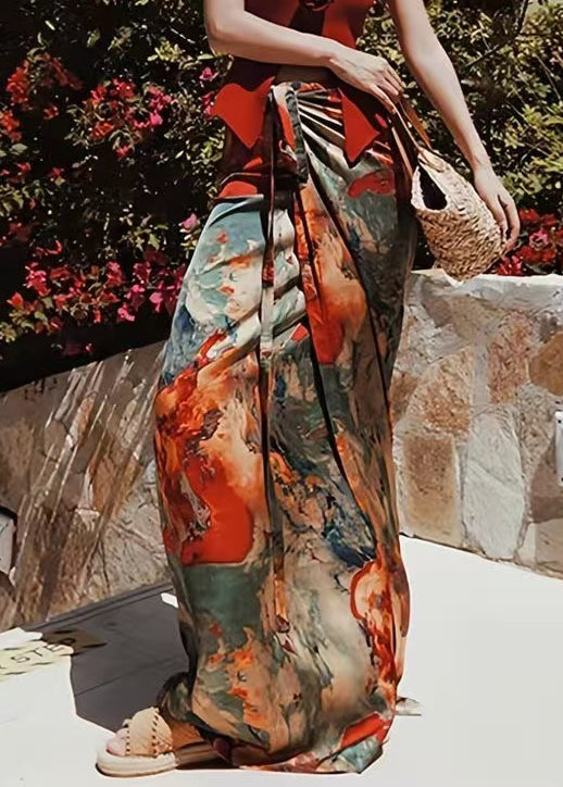 Loose Print Lace Up High Waist Silk Skirts Summer
