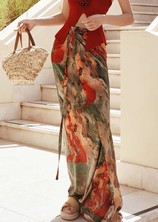 Loose Print Lace Up High Waist Silk Skirts Summer